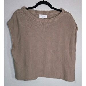 Neutral Knit Sweater Vest Boxy Cropped Cotton Beige Size L